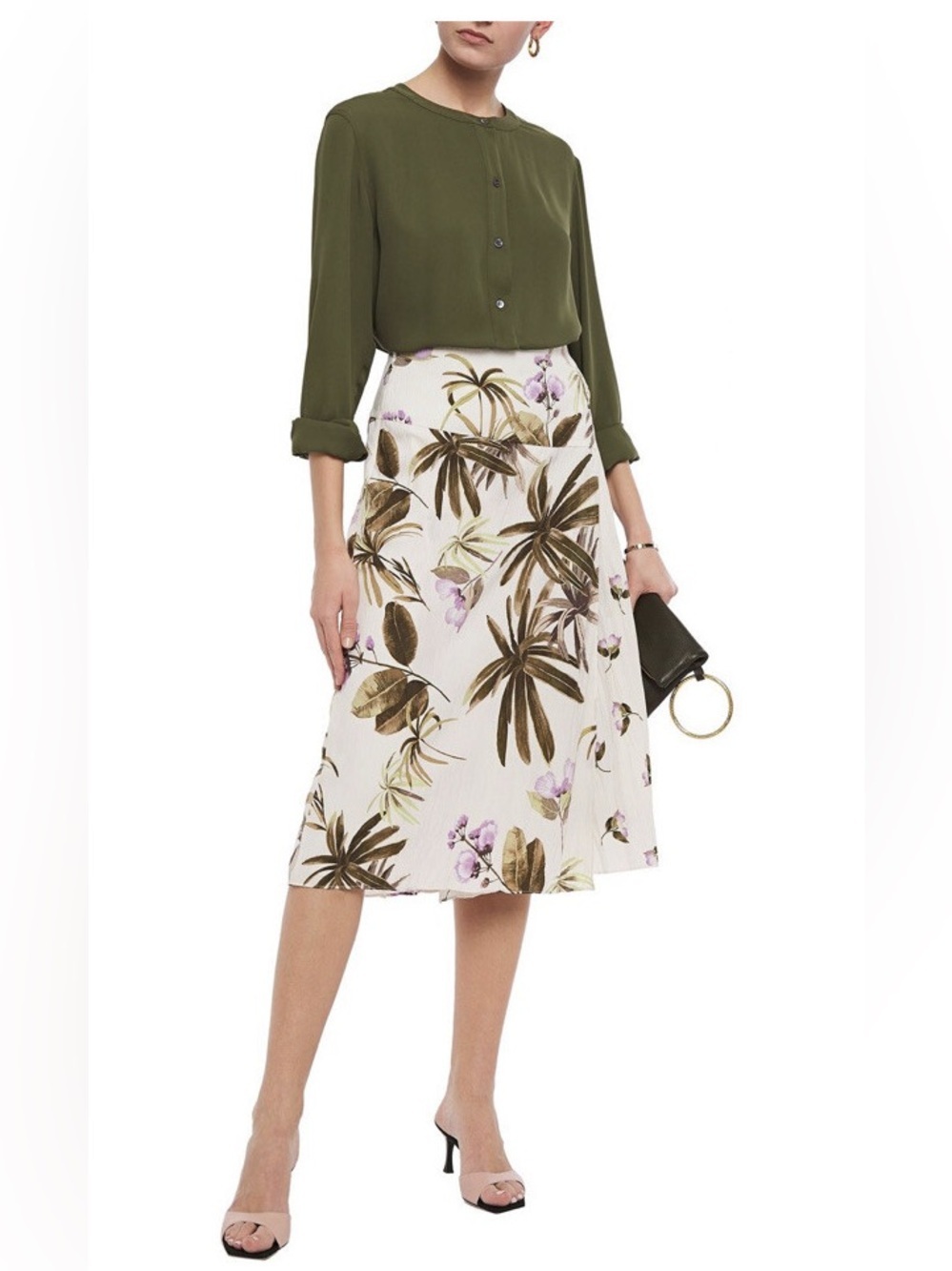 VINCE Tropical Garden Flowers Palm Trees Crepe Midi Skirt In Multicolour Size 8